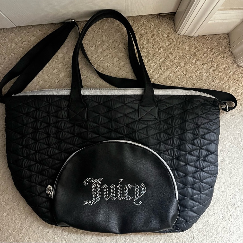 NEW Juicy Couture Black Quilted Tote Bag, Rhinestone Detailing, Zip Closure